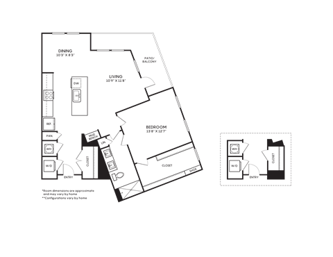 Floor plan for 1 bed, 1 bath, 979 sqft